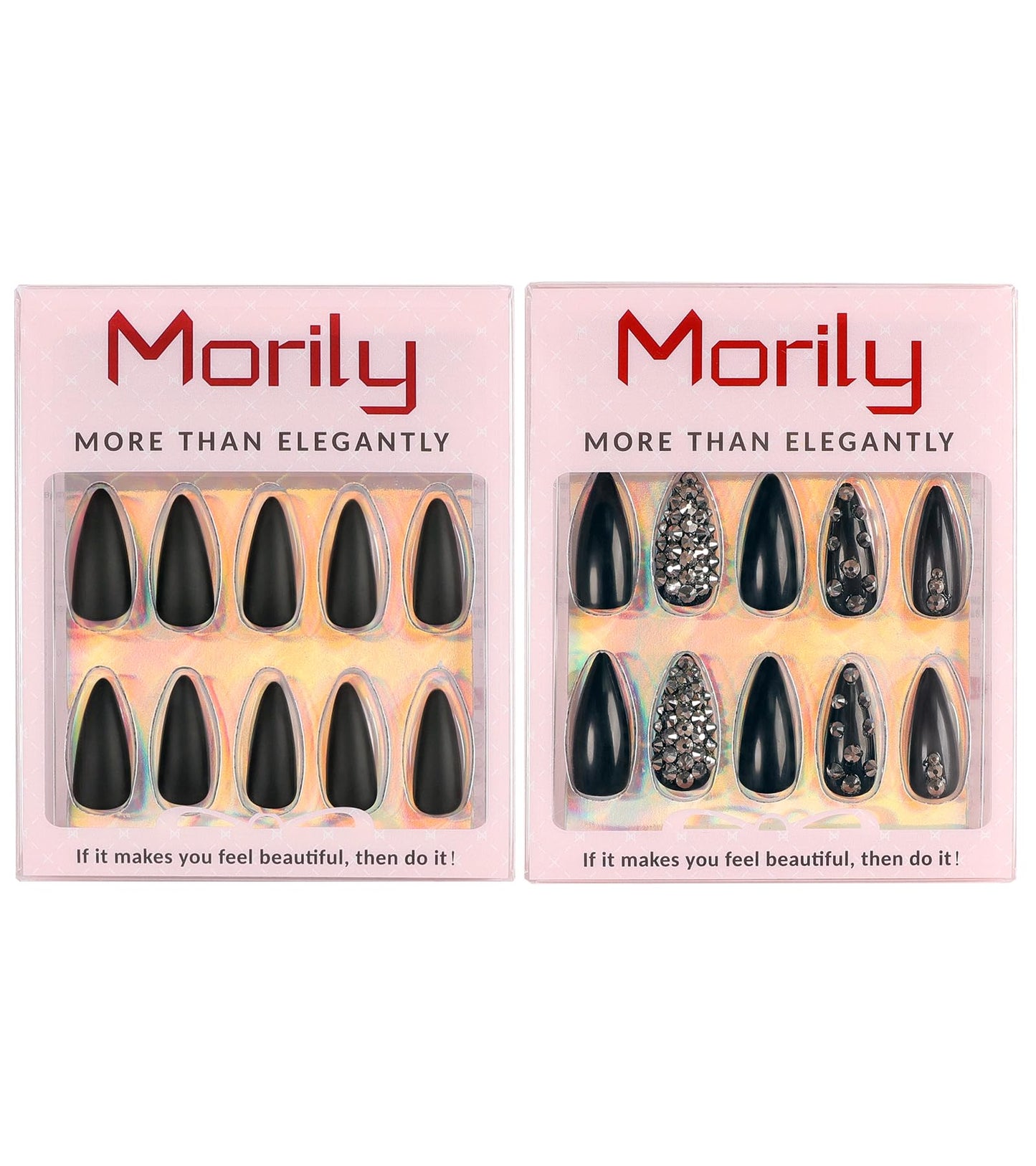 Morily Press-On Nails Bundle | Black Stiletto Matte & Black Stiletto Glossy Crystal | 24Pcs Each Set, Medium Length Long False Fake Nails