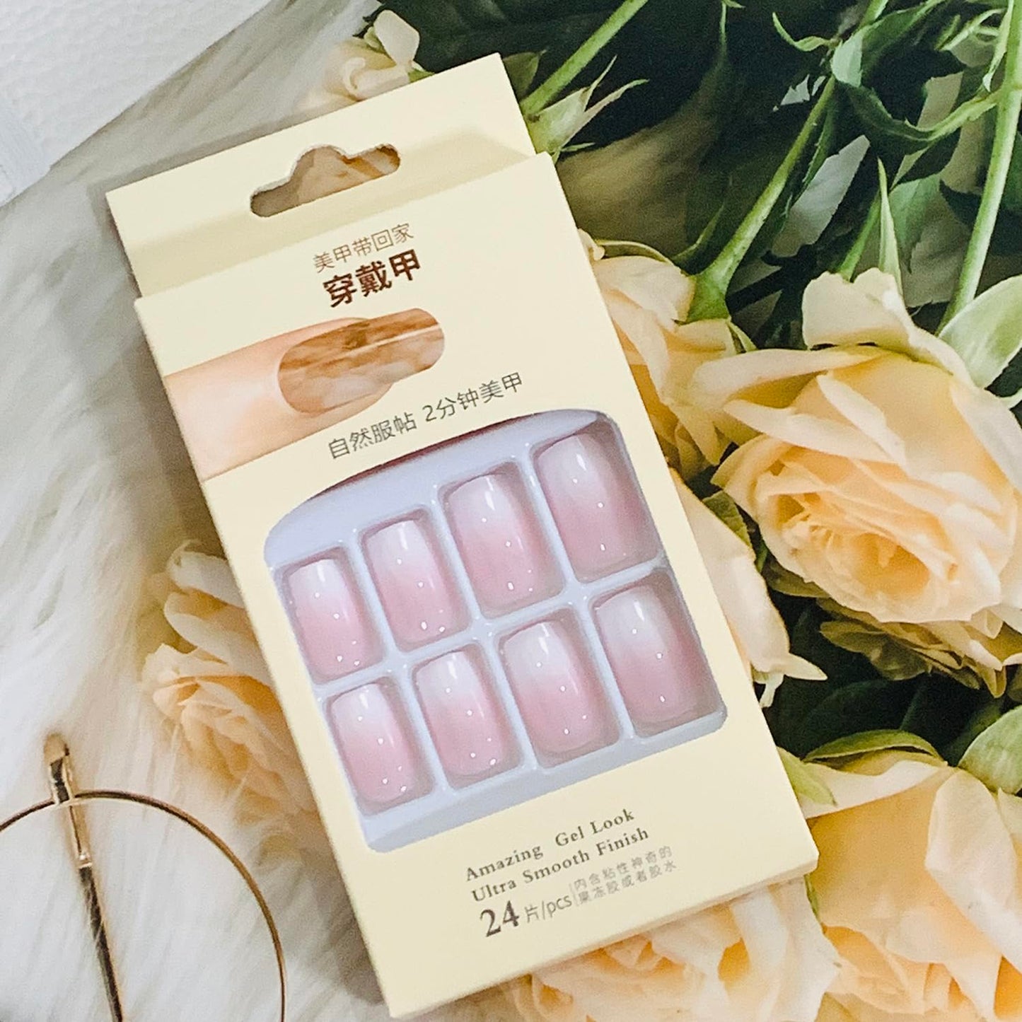 Pink Press on Nails Square Medium 24Pcs Glossy Full Cover Artificial French Tips Fake Nails with Designs Reusable Coffin Acrylic False Nails Glue Stick on Fingernails with Charm for Women