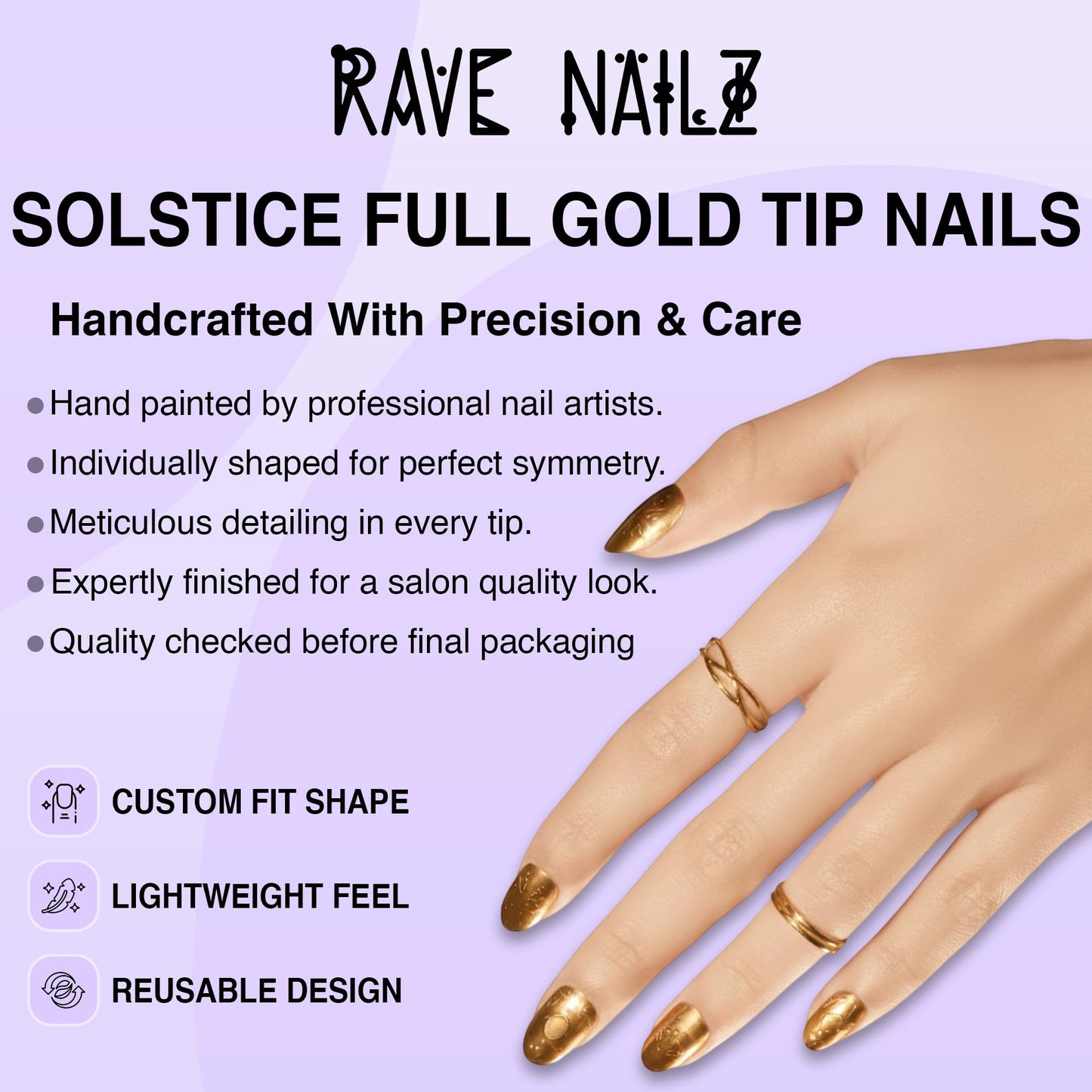 Rave Nailz Solstice Gilded Relic Press on Nails (24 Count) | Gold Foil 3d False Oval Press on Nail Egyptian-Inspired Short Metallic | Chip-Resistant Holiday Nails with Glue, File, Long-Lasting 2+week