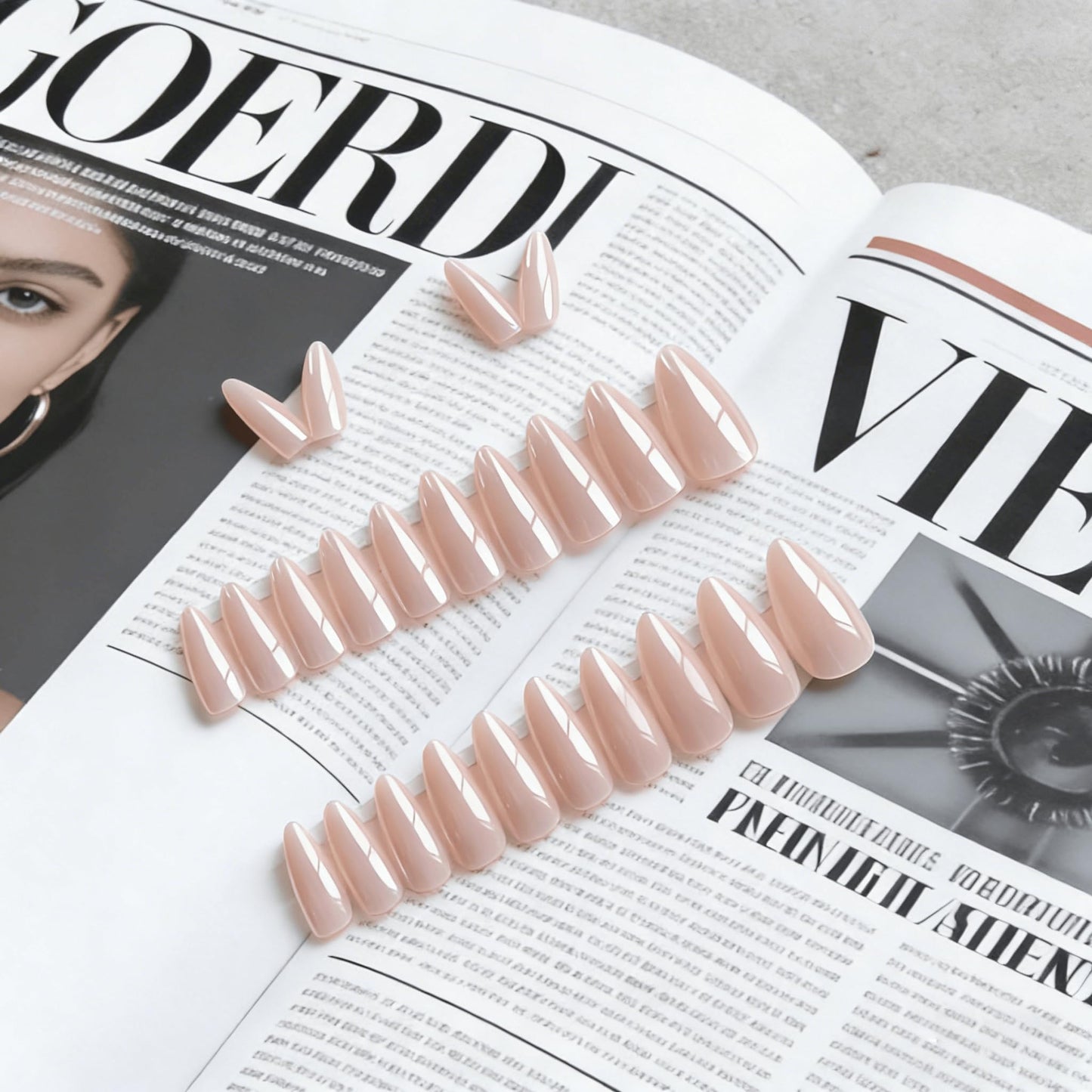 Nude Pink Press On Nails Almond - KQueenest Chrome Press On Nails Medium, Pearlescent Peach Fake Nails Press ons, Glitter Glue on Nails Medium Stiletto, Glazed Gel Stick On Nails for Women, 24 Pcs