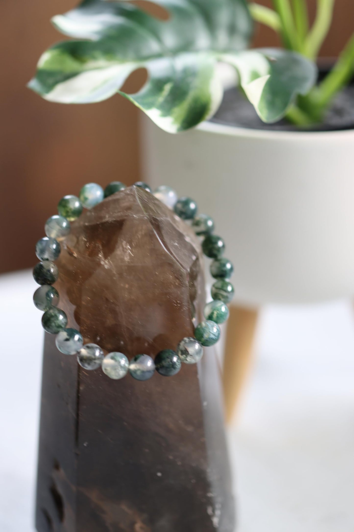 The Vida Handmade AAA+ Quality Crystal Stretch Elastic Bracelet - Nature Gemstone - Jewelry Gift - Holiday Gift - For Women & Men (Moss Agate)