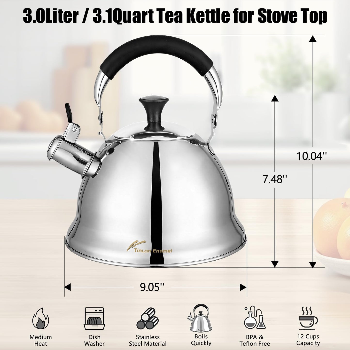 Tinlon Enamel Stainless Steel Whistling Tea Kettle Stovetop - 3.1QT Tea Top Mirror Finish, 304 Stainless Interior, Foldable Handle, Fast Heating for Tea, Coffee & Gifts