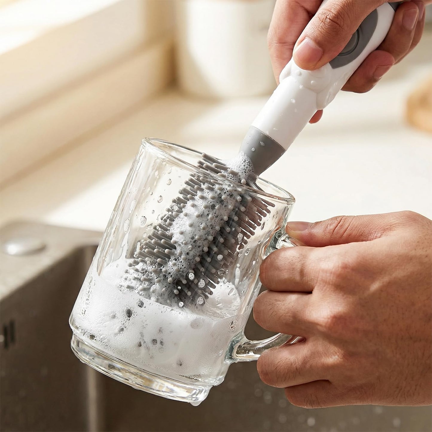 Soap Dispensing Brush Cleaner for Kitchen, Glassware, Mugs, and Plates, BPA Free Silicone Bristles, Portable Comprehensive Multi-Purpose Cleaning