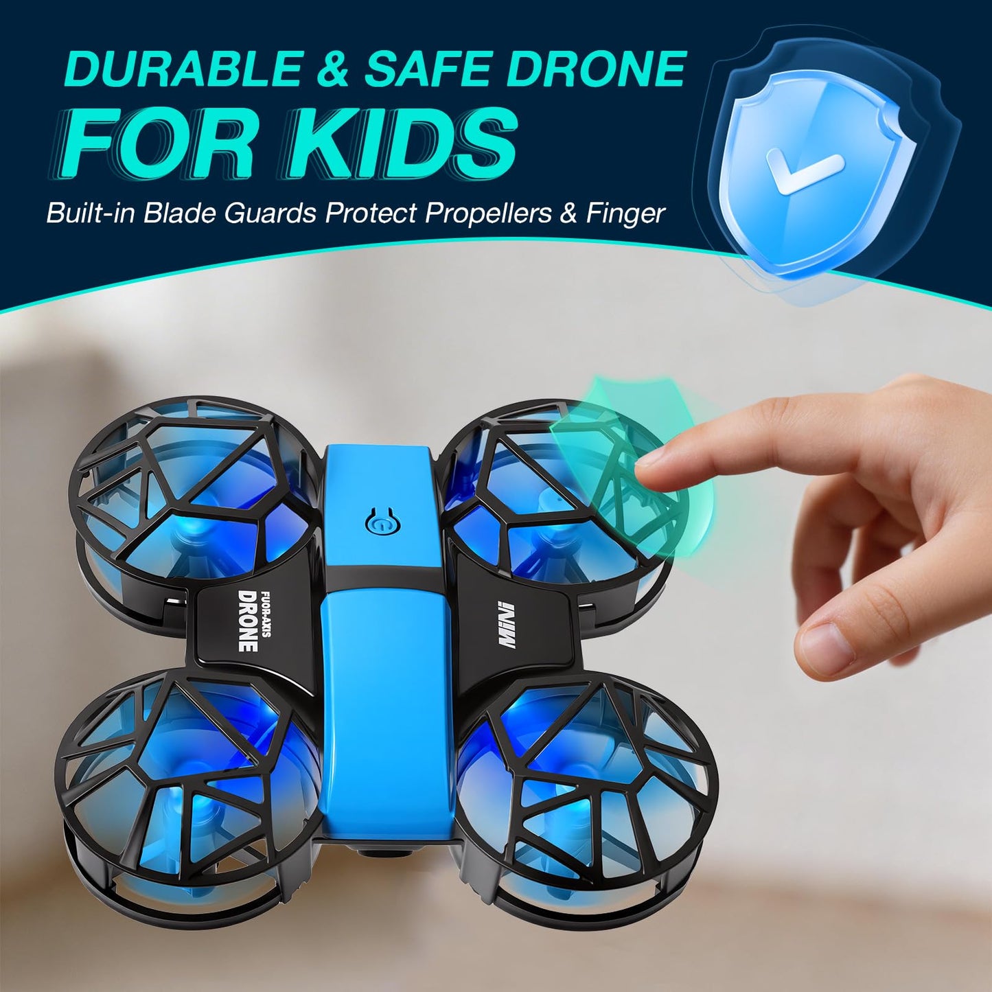Blue Mini Drone for Kids & Beginners, Indoor & Outdoor RC Quadcopter, Full Propeller Guards, LED Light, 3D Flips, One Key Start, Headless Mode, 2 Rechargeable Batteries, 21 Mins Total Flight Time, Toy Gift for Boys and Girls