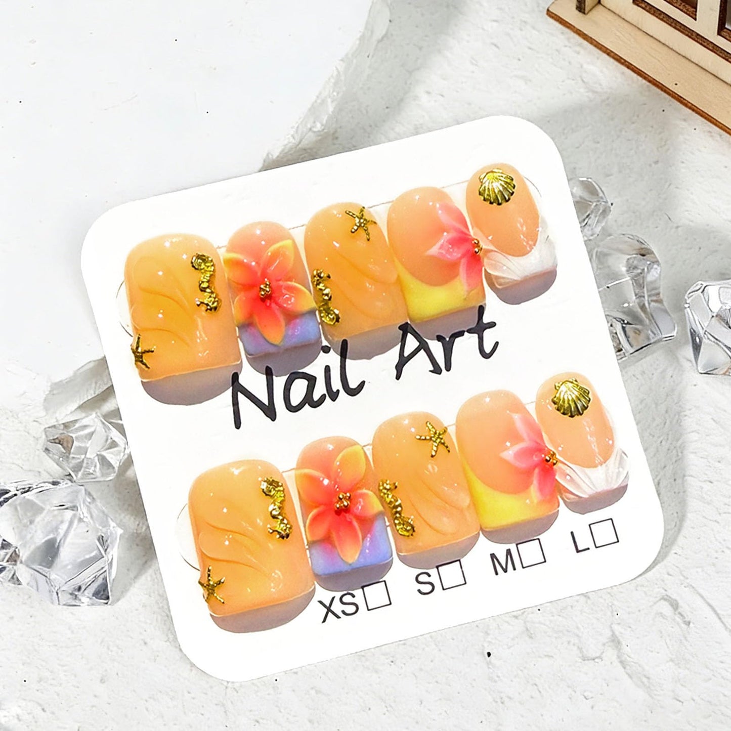 10 Pcs Yellow Handmade Press on Nails Short Square Fake Nails with 3D Flower Seashell Ocean Design Acrylic French Tip False Nails M Size Short Press Ons Nails Square for Women Nail Art