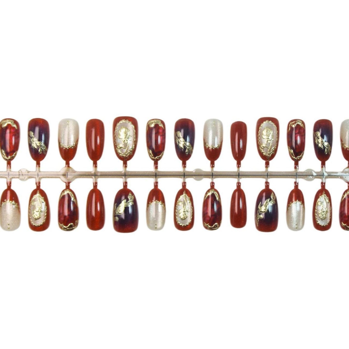 Medium Press on Nails Almond Fake Nails Red Artificial Nail Gold Charm Designs Flowers Stick on Nail for Women 30pcs