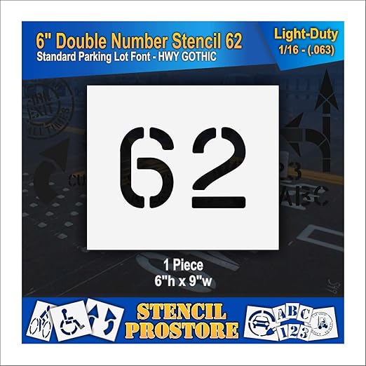 Pavement, Curb, and WheelStop Stencils - 6 inch Double Number Stencil - (62) - 6" x 9" x 1/16" (63 mil) - Light-Duty