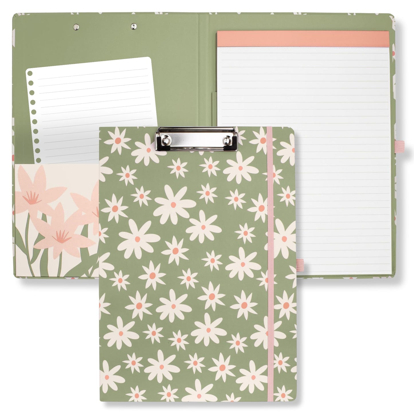 Steel Mill & Co Cute Clipboard Folio with Refillable Lined Notepad and Interior Storage Pocket, Padfolio for Work, Daisy Floral Green