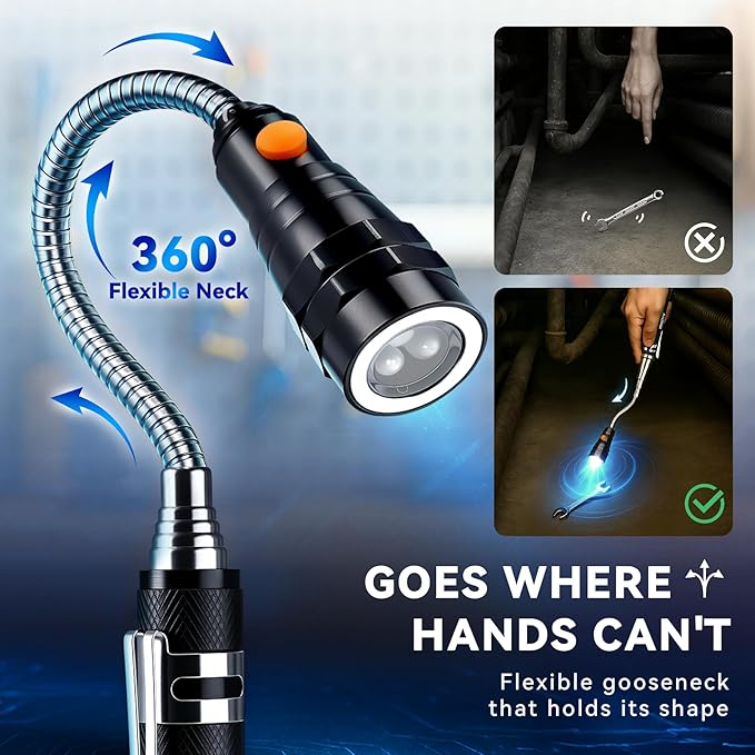 VIBELITE Extendable Magnetic Flashlight with Telescoping Magnet Pickup Tool-Cool Gadget Christmas Gifts Stocking Stuffers for Men, Husband, Dad, Father, Mechanic, Tech, Handyman, Him, Women, Black