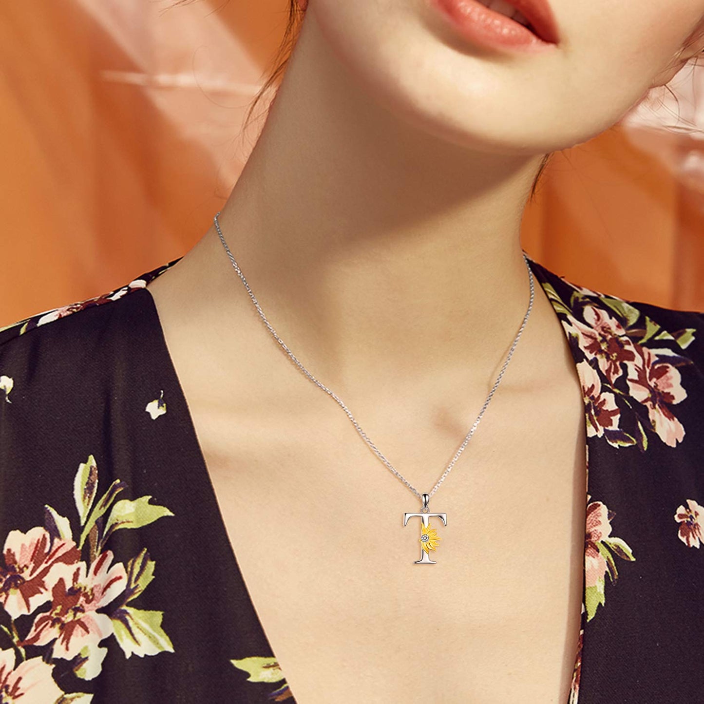 POPLYKE Sterling Silver Initial Alphabet Letter T Script Name Pendant Chain Necklace for Women for (Sunflower T)