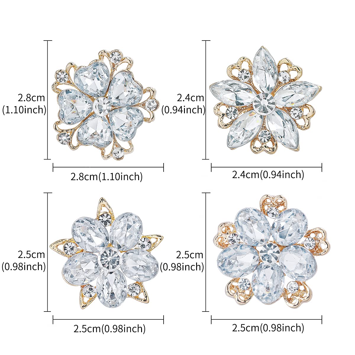 MEEDOZ Women's Lot 12pcs Crystal Rhinestone Marquise Teardrop Flower Brooch Pin Set For DIY Bridal Wedding Bouquet Kit (Gold Plated)