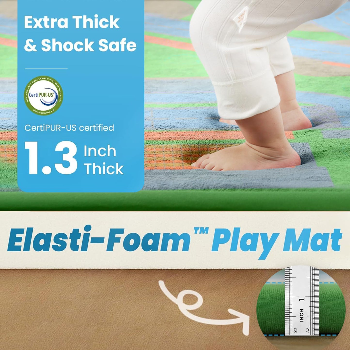 PaPaMat 1.3" Thick Educational Baby Floor Play Mat 79x118, Basic Padded Memory Foam Kids Mat, Large Non-Slip Plush Playmat for Nursery Playroom Classroom (Race Track)