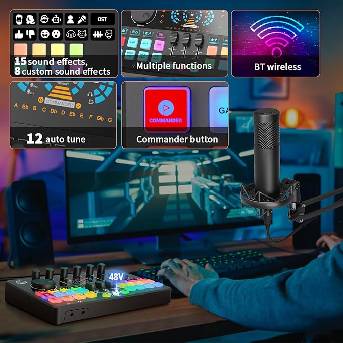 Podcast Equipment Bundle for 2, Audio Interface with Condenser Microphone, Voice Change, DJ Mixer for Streaming, Podcast Recording COMMANDER M100 3rd