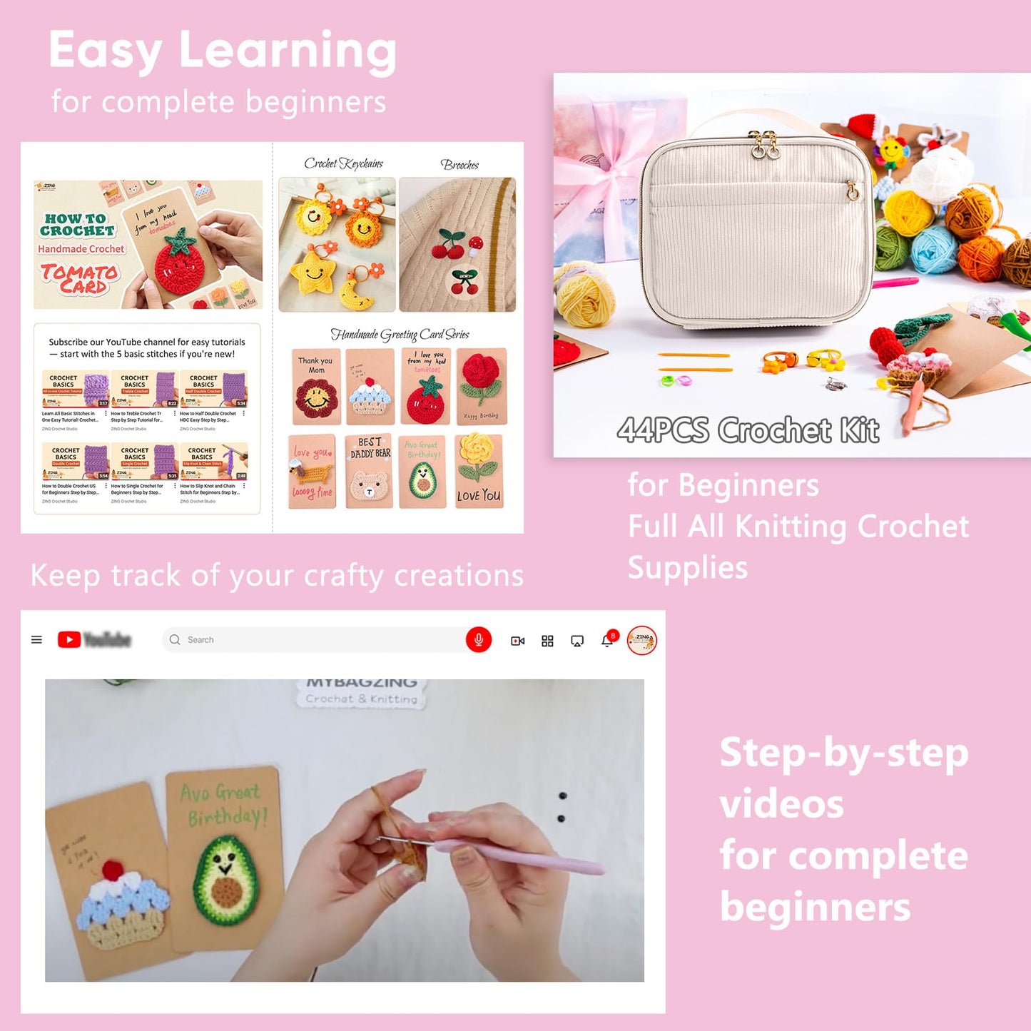 MYBAGZING Crochet Kit for Beginners, Complete Starter Set with Yarn, Ergonomic Crochet Hooks, Needles, Crochet Accessories and Suppliers for Crochet Beginner Projects, Knitting Kit for Adult