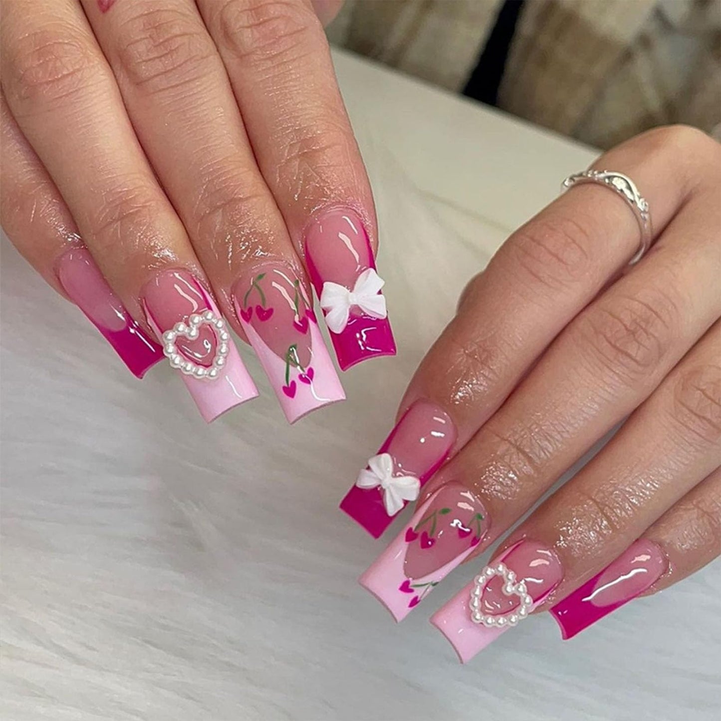 IMSOHOT Pink French Tips Press on Nails Medium Square Cherry Fake Nails Full Cover Squoval Acrylic Glossy Glue on False Nails with Cute Pearl Bow Designs