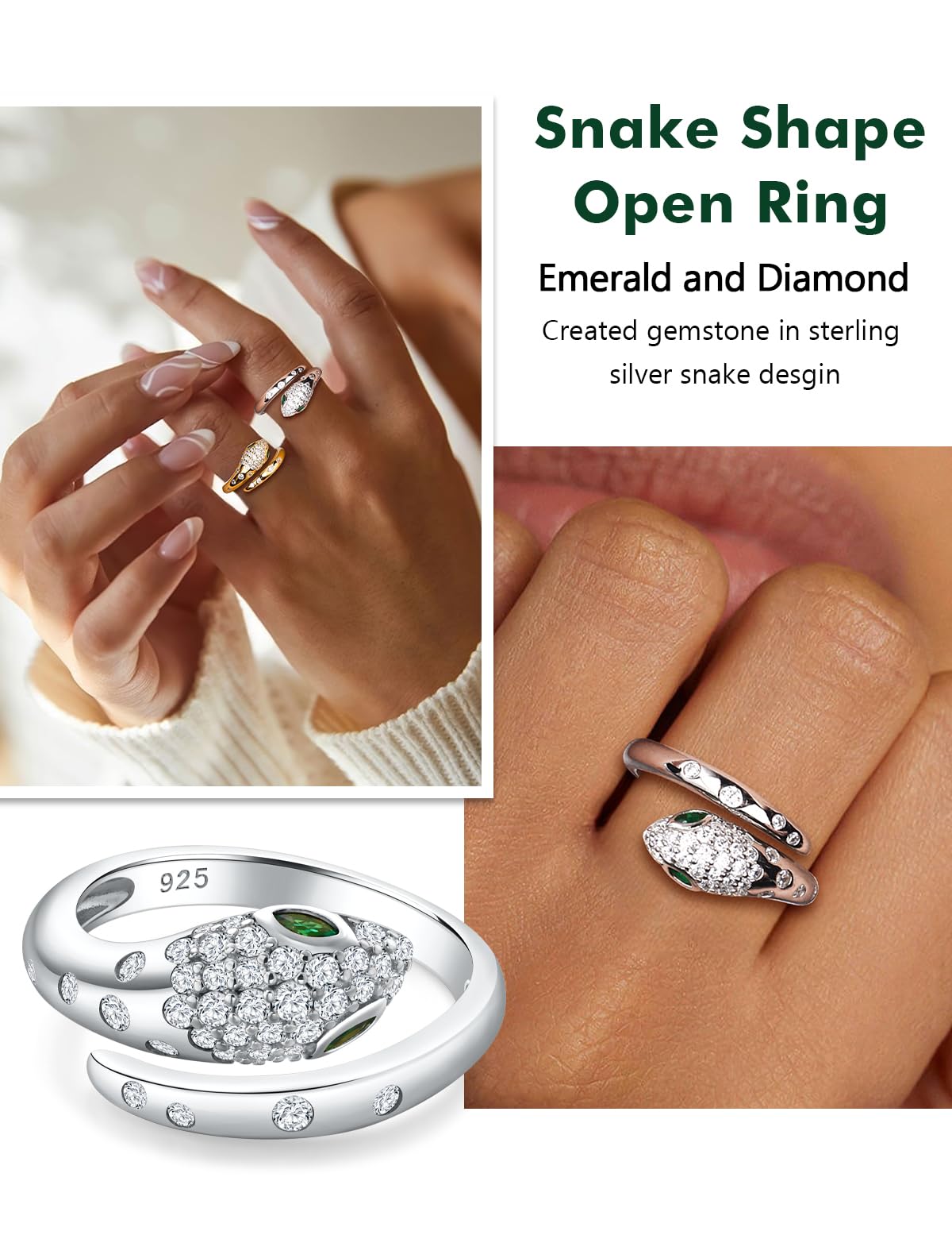 RANDES Fashion Snake Statement Ring 925 Sterling Silver Cocktail Punk Jewelry Adjustable Created Diamond Emerald Green Stone Snake Rings Size 6