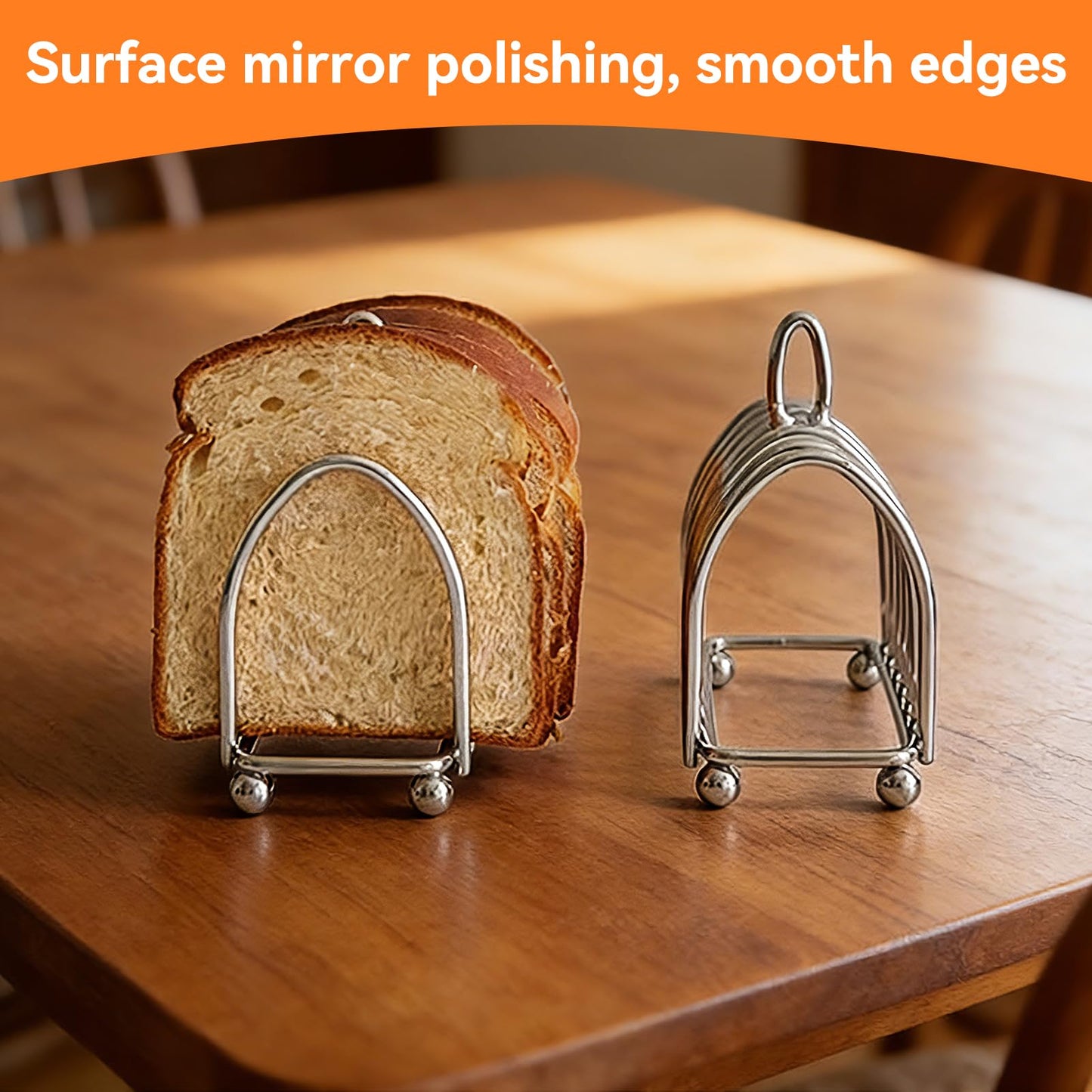 Frdhee Toast Rack English Style, 6 Slice Bread Holder, Stainless Steel Toast Holder Stand with Ball Feet, Vintage British Bread Loaf Grid Cooling Station with Handle for Kitchen Bakeware