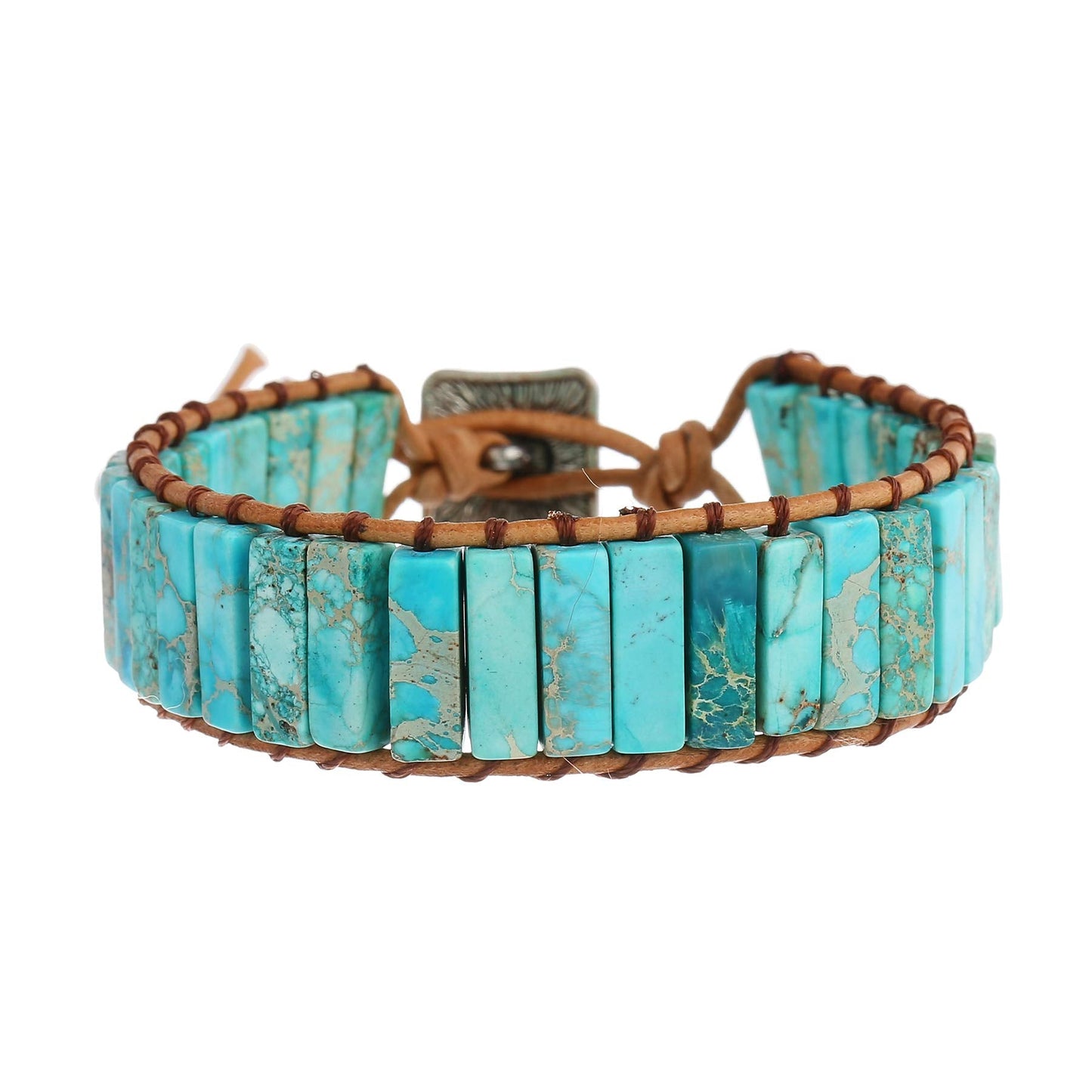 Plumiss Leather Chakra Handmade Turquoise Blue Imperial Jasper Healing Stone Wrap Adjustable Bead Bracelet Gift for Women Men