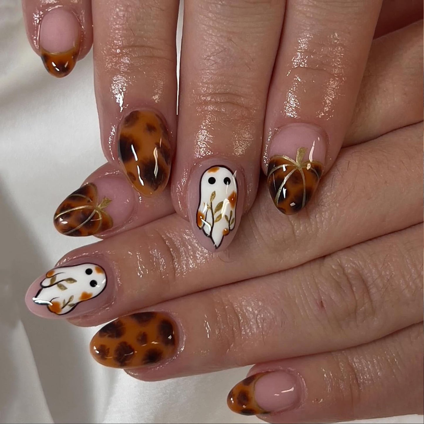 IMSOHOT Halloween Press on Nails - Medium Almond Handmade Fake Nails, Brown Amber Pumpkin French Nail Tips, Cute Ghost Designs, Full Cover Acrylic Glossy Fall False Nails 24Pcs