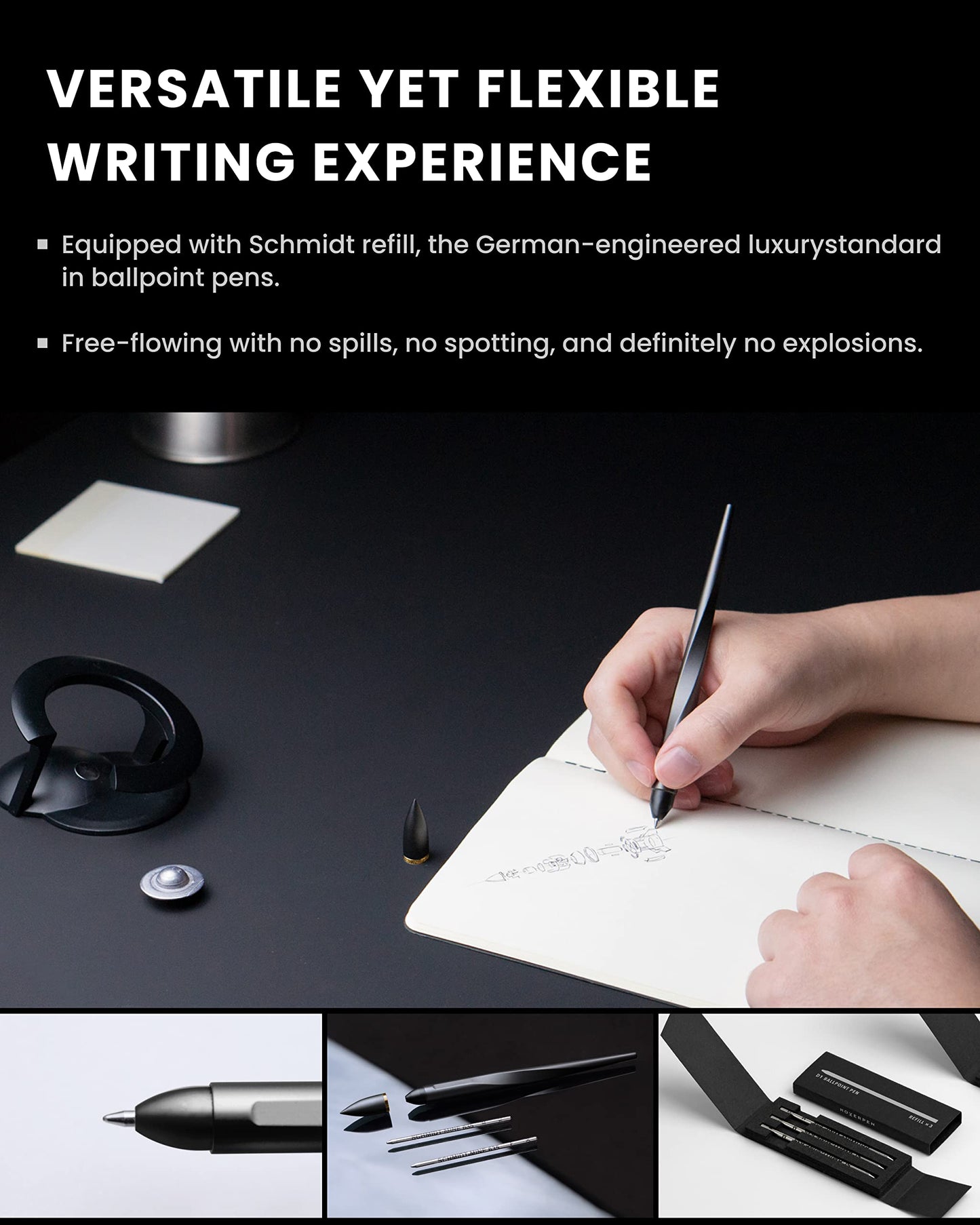 novium Hoverpen Interstellar - Space Black, Ballpoint Pen, 18K Gold-plated Pen Ring, 23.5 Degree Angle, Schmidt Ballpoint Refill, No Spills, No Spotting, No Explosions