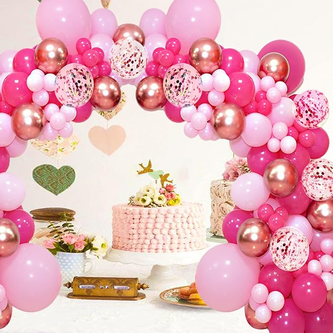 Hot Pink & Rose Gold Balloon Garland Arch Kit, 145 Pcs – Confetti & Metallic Latex Balloons for Girls Birthday, Bridal Shower & Princess Party