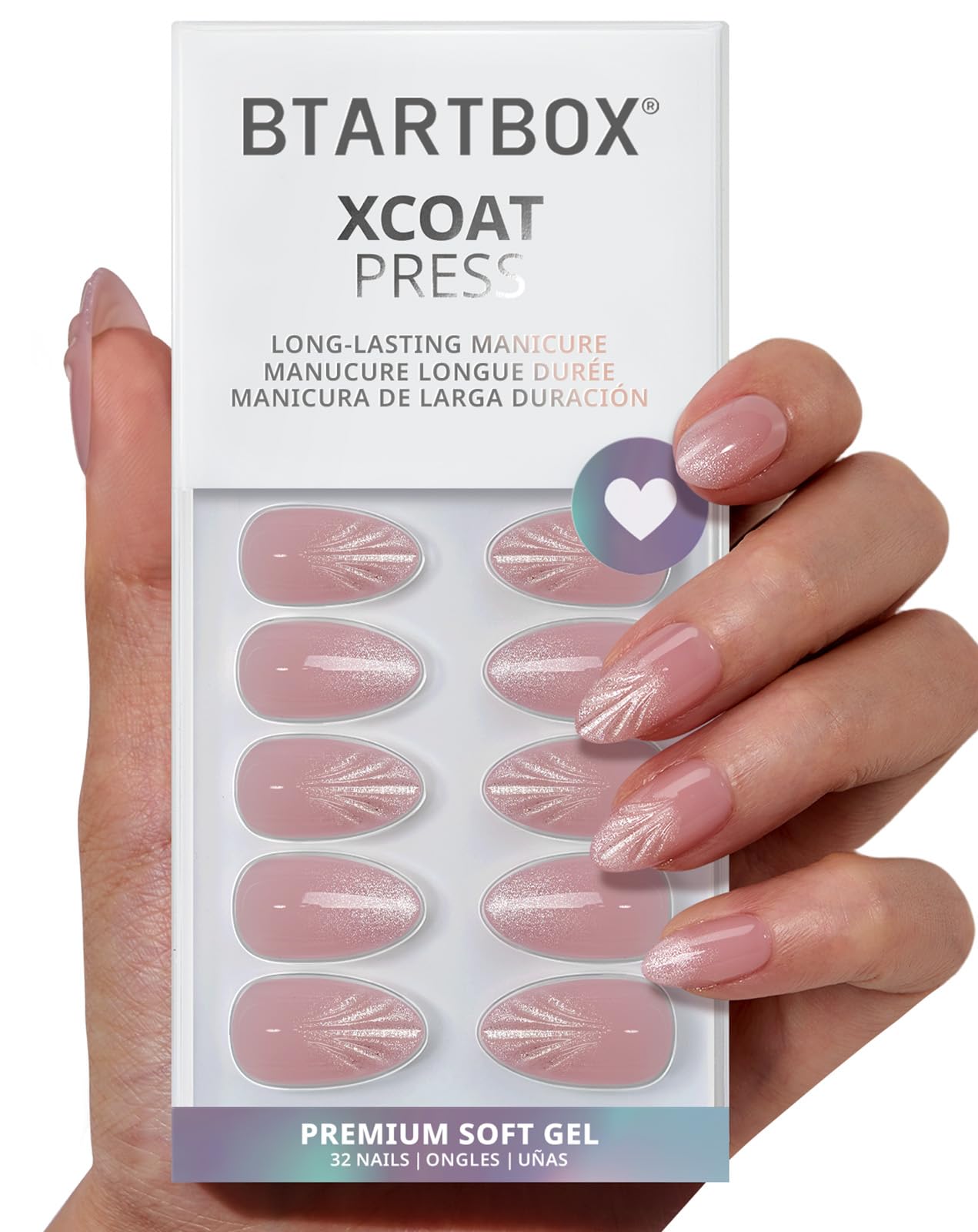 BTArtbox Press On Nails Short - Shell Luxe, Lamp-Curable 4-Week Wear 3D Shell Pink Cat Eye Almond Press On Nails with Glue and Adhesive Tabs, Easy-to-Apply in 16 Sizes - 32 Nails All-in-One Kit