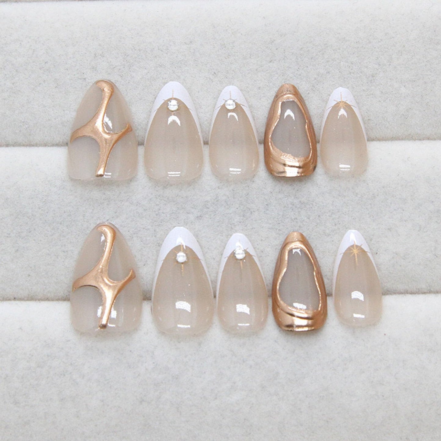 IMSOHOT French Tip Press on Nails Medium Almond Fake Nails Nude White False Nails with 3D Gold Chrome Design Glossy Acrylic Glue on Nails