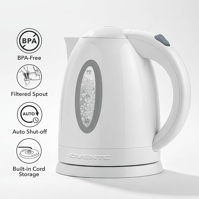 OVENTE Electric Kettle, 1.7L Fast Boiling Water Heater for Coffee or Tea, BPA Free with Water Level Gauge, Auto Shut-Off, Boil-Dry Protection, Indicator Light and Removable Filter, White KP72W