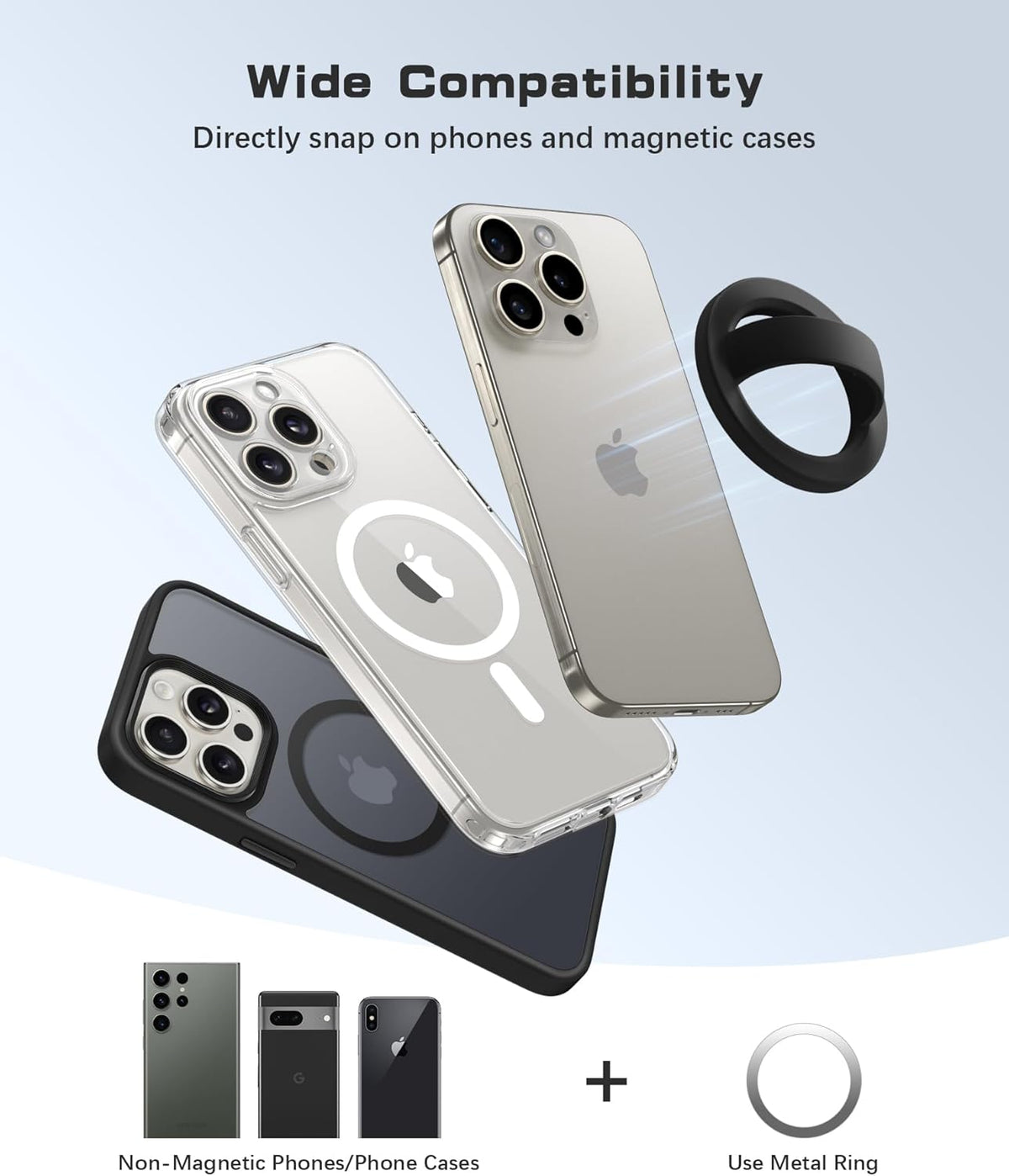 Magnetic Phone Grip, Removable Loop Grip with Soft Finger Strap, Silicone Phone Ring Holder for Back of Phone for iPhone 16/15/14/13/12 Pro Max/Plus, Black
