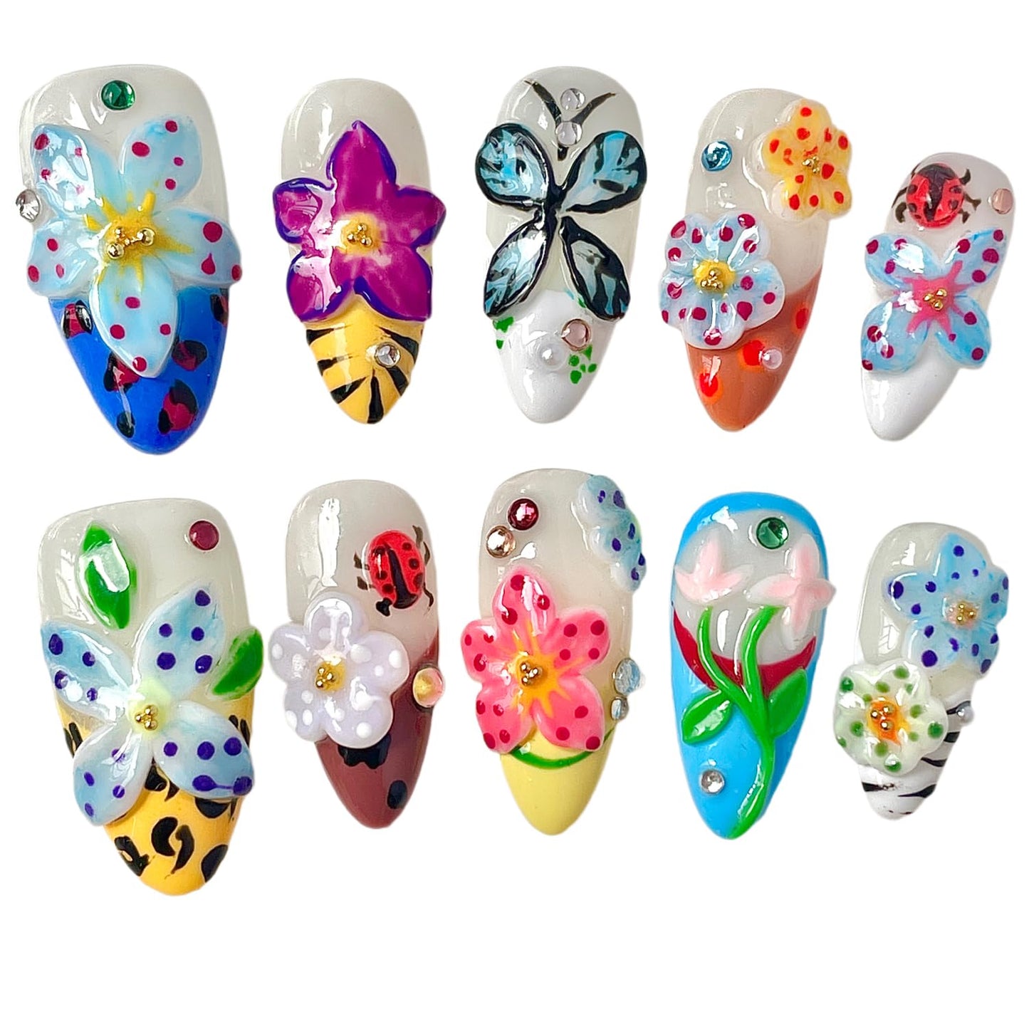 Handmade Press On Nails 3D Floral & Butterfly with Red Ladybug Fake Nails Medium Almond Acrylic Nail Tips Luxury Enchanted Garden Stick on False Nails Dreamy Nails (Garden, S)