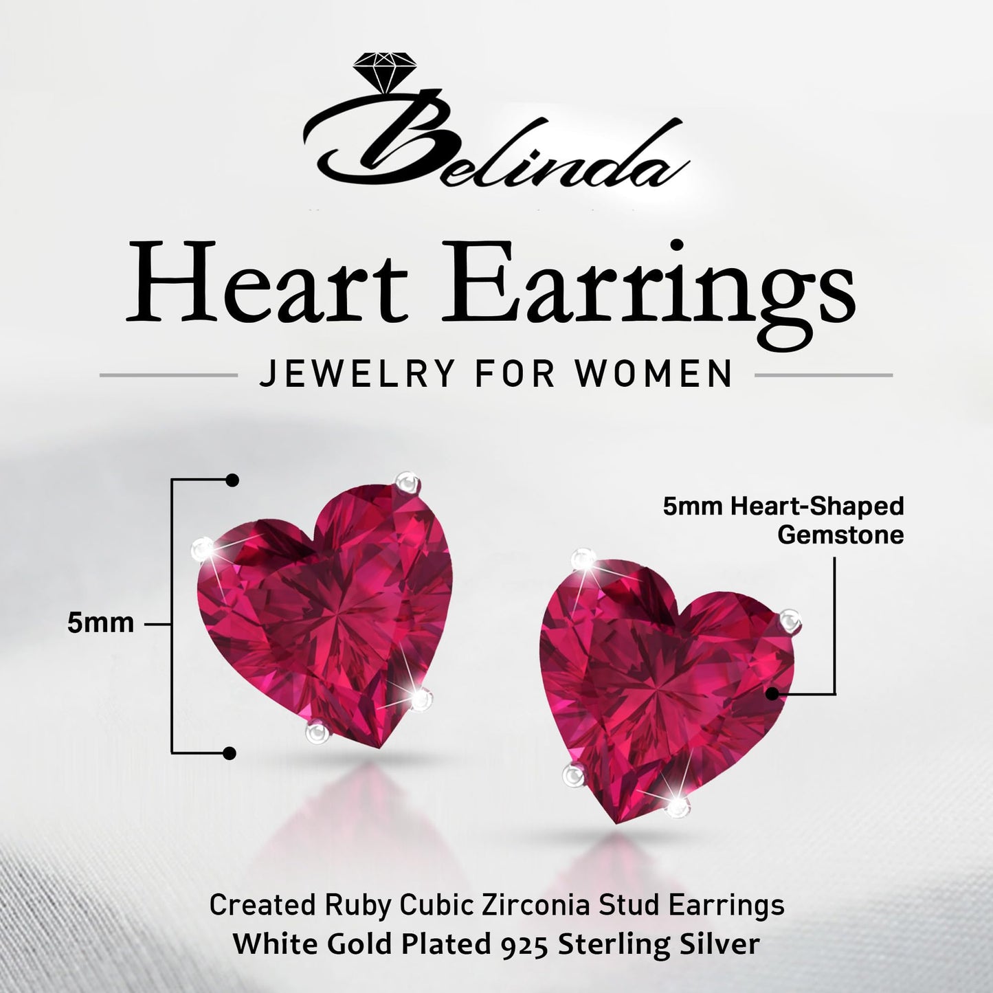 Belinda Jewelz - Heart Stud Earrings, 5mm Cubic Zirconia Heart Earrings with Prong Setting, 925 Sterling Silver Earrings Studs, Ruby Red Stud Earrings for Women
