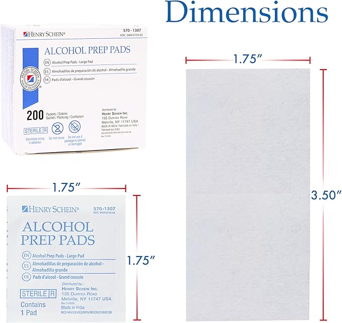 Henry Schein Large Alcohol Prep Pads (2 Boxes, 400 Total) – 70% Isopropyl Alcohol Wipes, Individually Wrapped – 2-Ply, Textured – Skin Prep Alcohol Swabs – Sterile Pads