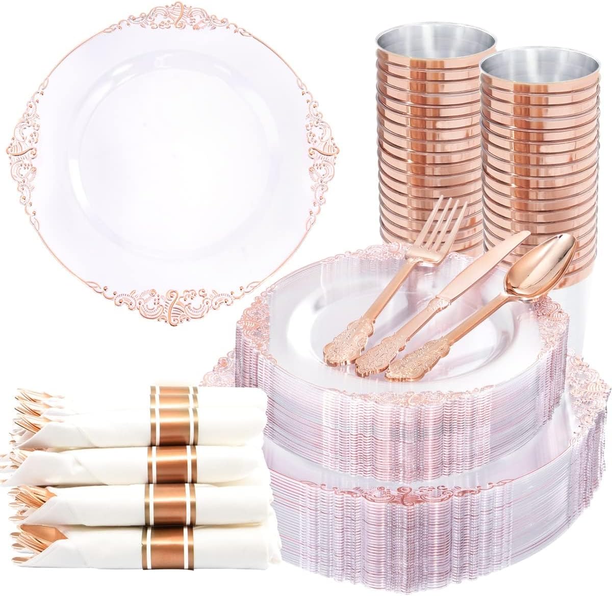 Nervure 350PCS Rose Gold Plastic Plates - Rose Gold Plastic Dinnerware Sets for 50 Guests - 100 Disposable Plates, 150 Silverware, 50 Cups, 50 Napkins for Wedding & Party