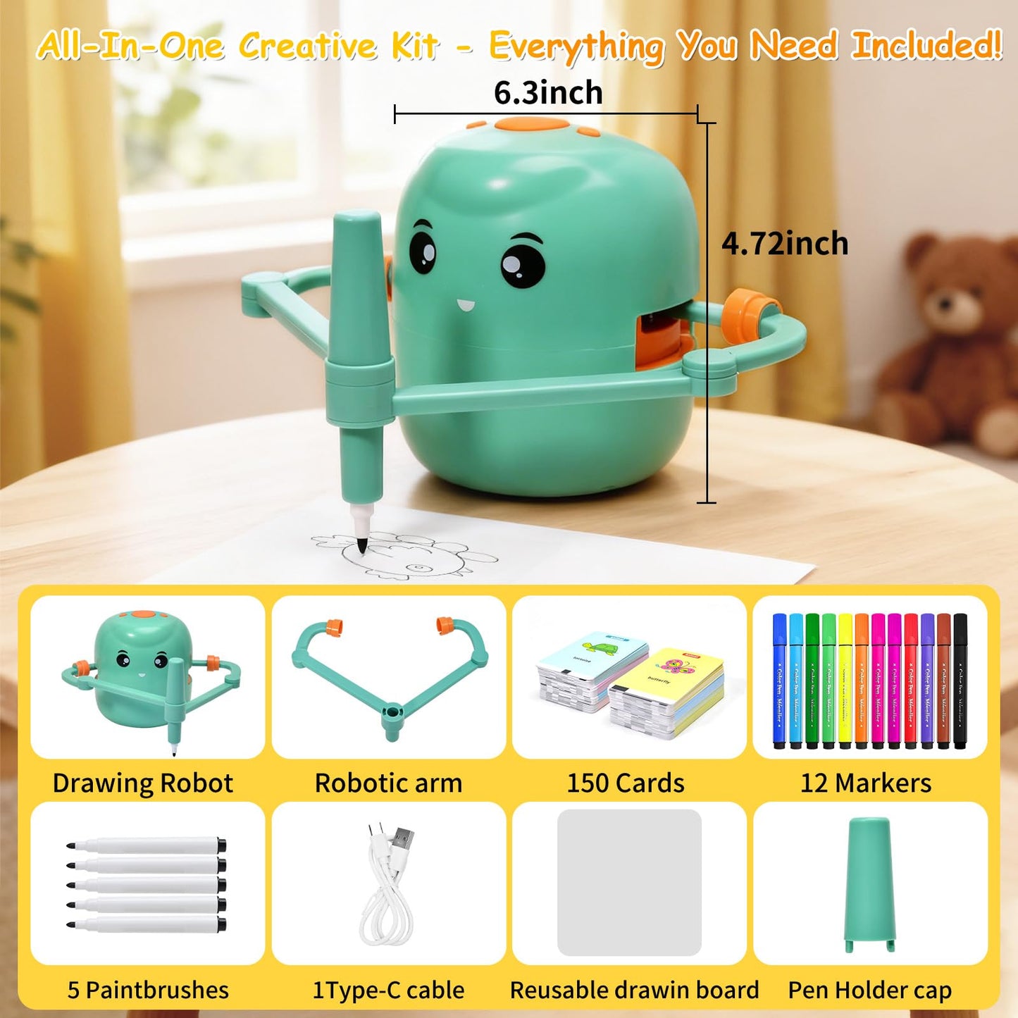 Drawing Robot for Kids, Voice Interactive Educational Drawing Machine with 150 Drawing Cards, Montessori Learning Toys for Kids Ages 3-8, for Boys & Girls (Green)