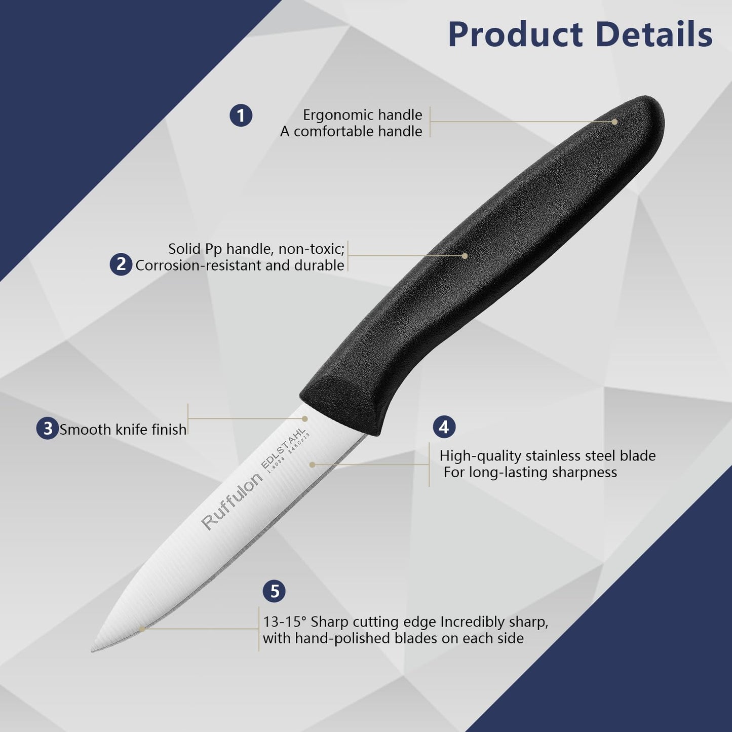 Ruffulon Paring Knife Fruit Knife Set (12 Pieces), Ultra Sharp Stainless Steel Vegetable and Fruit Knife with PP Plastic Ergonomic Handle for Cutting Fruits and Vegetables.