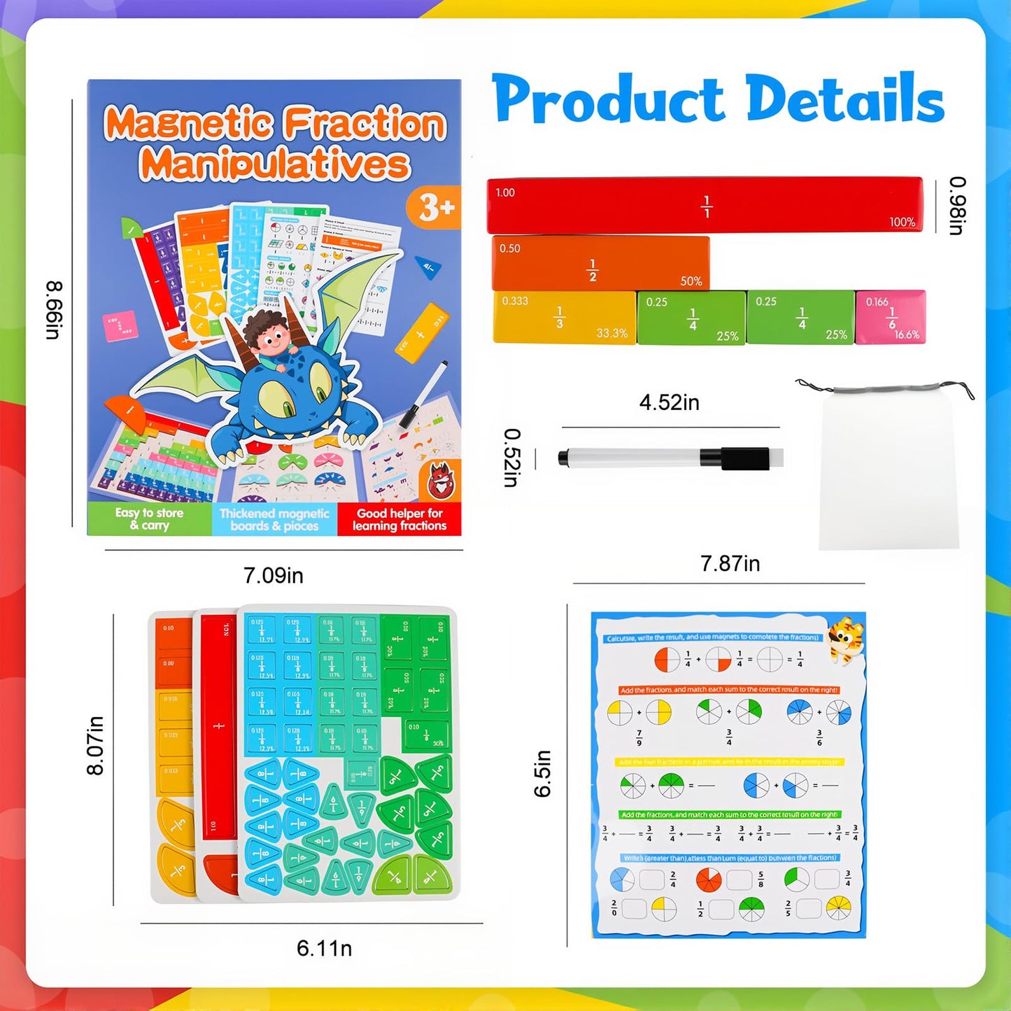 Magnetic Fraction Demonstration Book,Magnetic Fraction Tiles & Fraction Circles Set,Math Manipulatives for Elementary School,Montessori Fraction Manipulatives Learning Educational Puzzle Toys for Kids