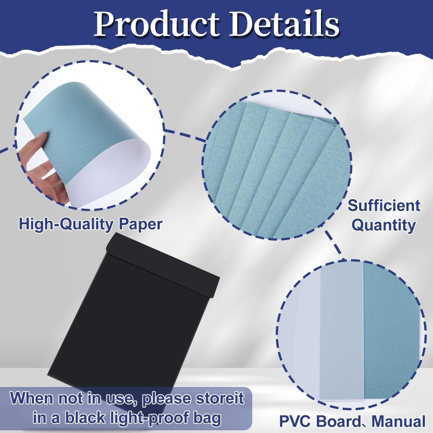 gisgfim Sun Cyanotype Printing Paper Kit A4 A5 A6 4 inch Paper 100 Sheets with 2 Sheet PVC Board and 1 Pc Manual High Sensitive Nature Solar Activated UV Sun Printing for Arts DIY Crafts Project