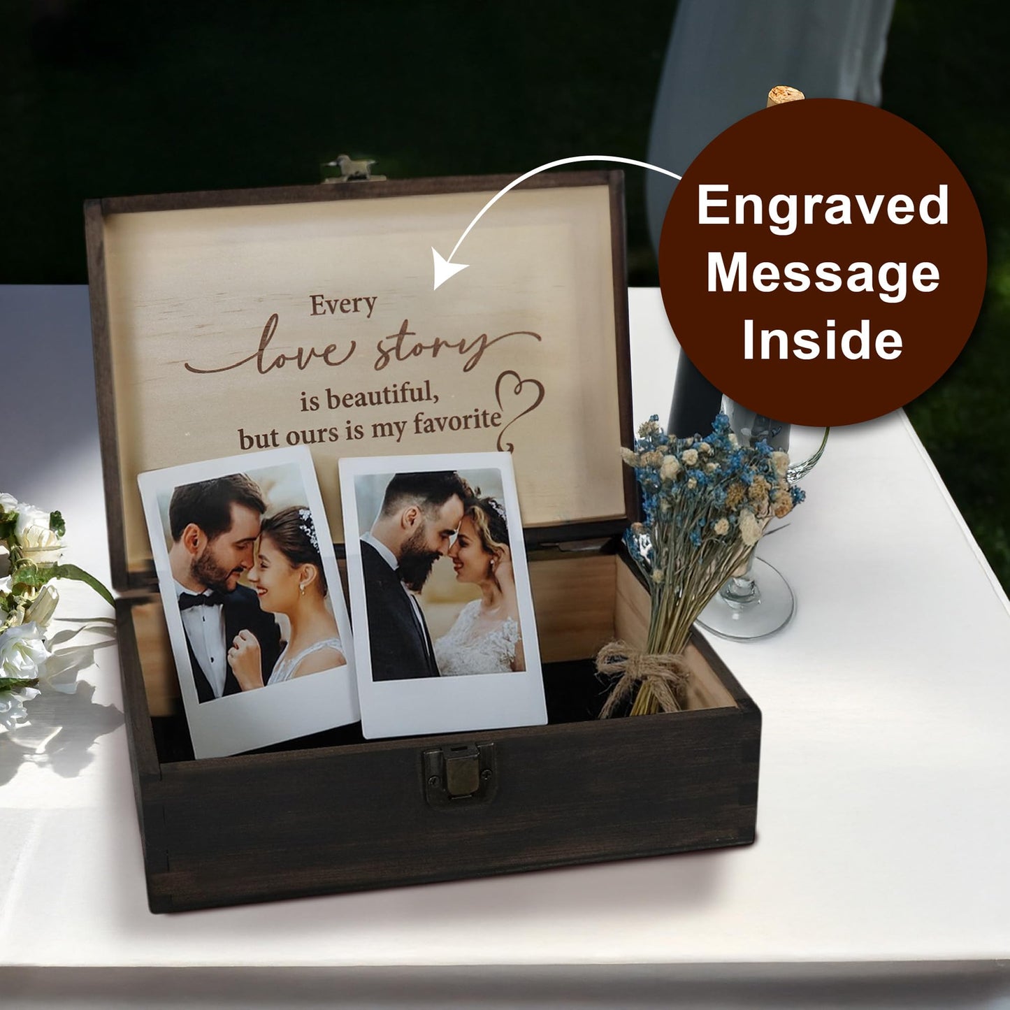 Engraved Wedding Memory Box- Wooden Keepsake Box for Bride & Groom, Letters, Photos, First Anniversary and Valentine’s Day Gift, Personalized Rustic Storage, Medium Size, Dark Walnut - 8.5 x 6 x 3 in
