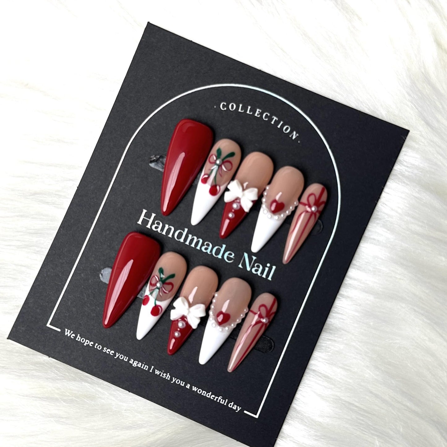 Luxury Handmade Press On Nails for Women,Reusable French Tip Long Almond False Nails, with 3D Red Bow & Cherry Pearls, Salon Quality Multilayer Gel Acrylic Fake Nails (10pcs) S SIZE
