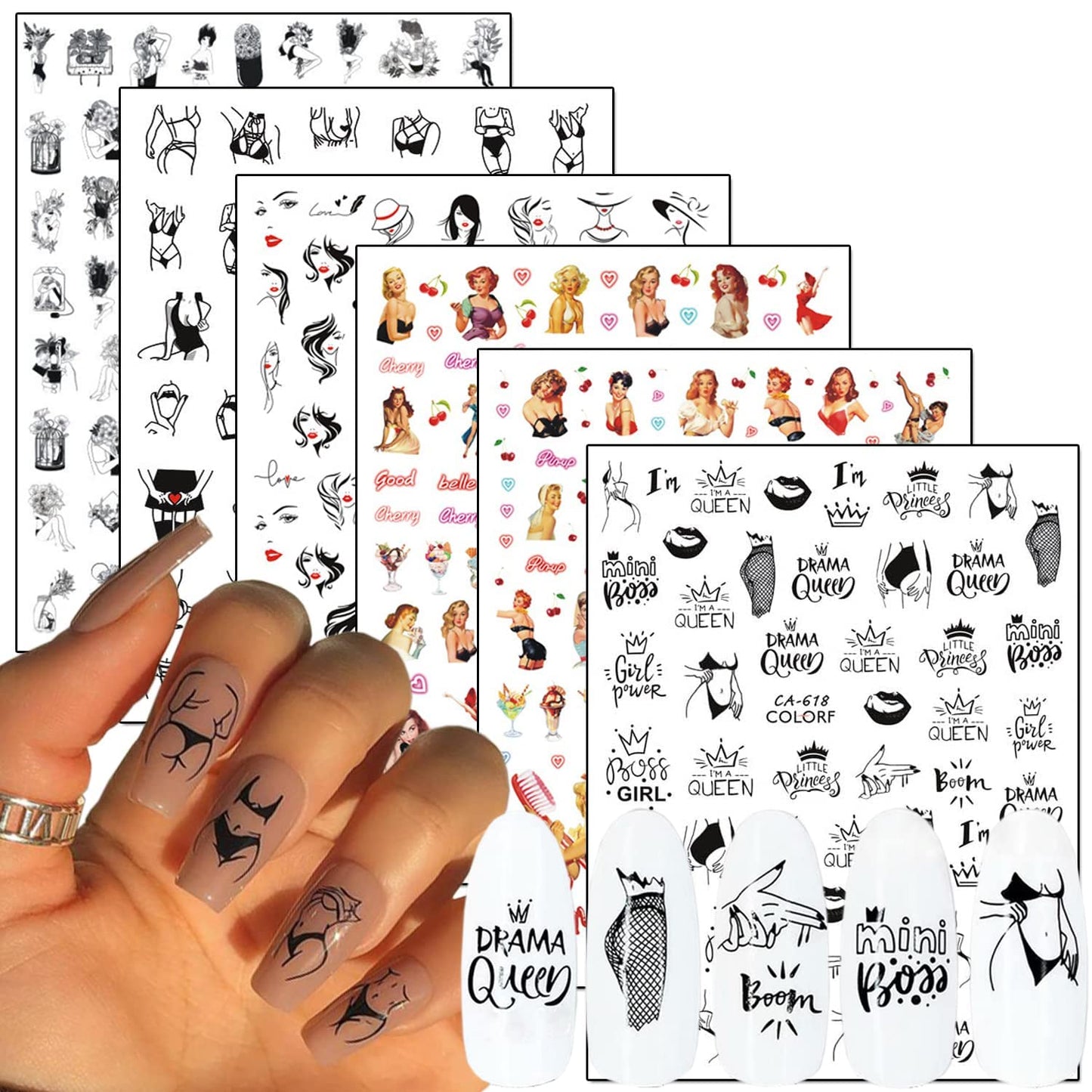 6 Sheets Sexy Girls Nail Stickers and 6 Sheets Silver Nail Stickers