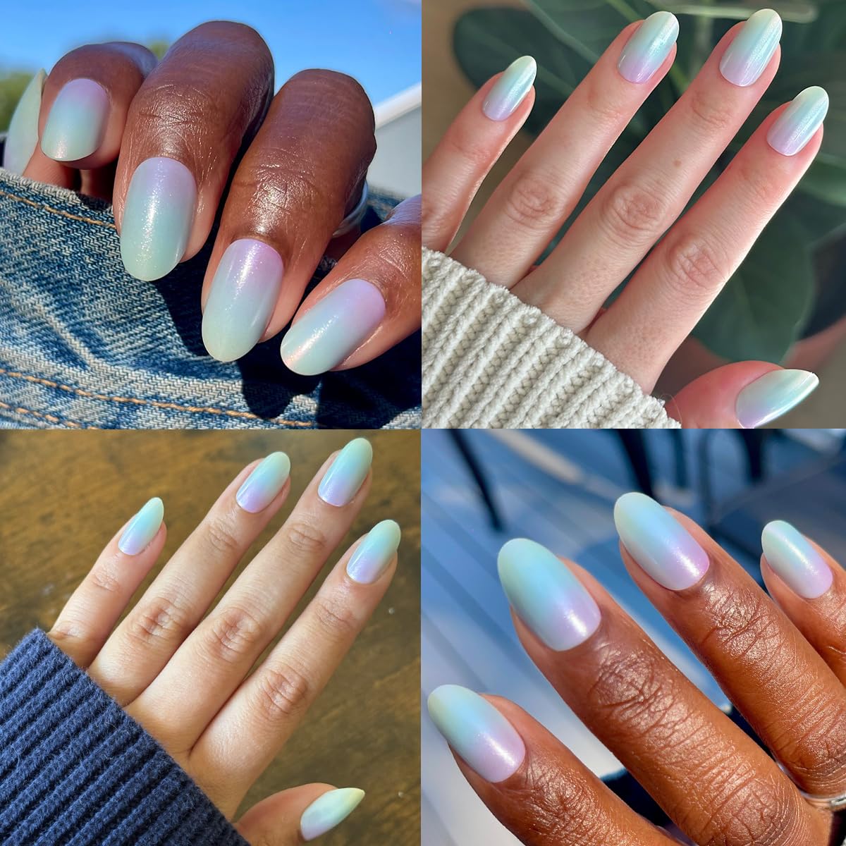 Olive & June Instant Mani Press-On Nails (Glue) | 42 Fake Nails, 21 Sizes | Non-Toxic Long-Lasting Recycled Materials Realistic Look | Salon-Quality | Medium, Oval | Iridescent Pearl Swirl Shimmer