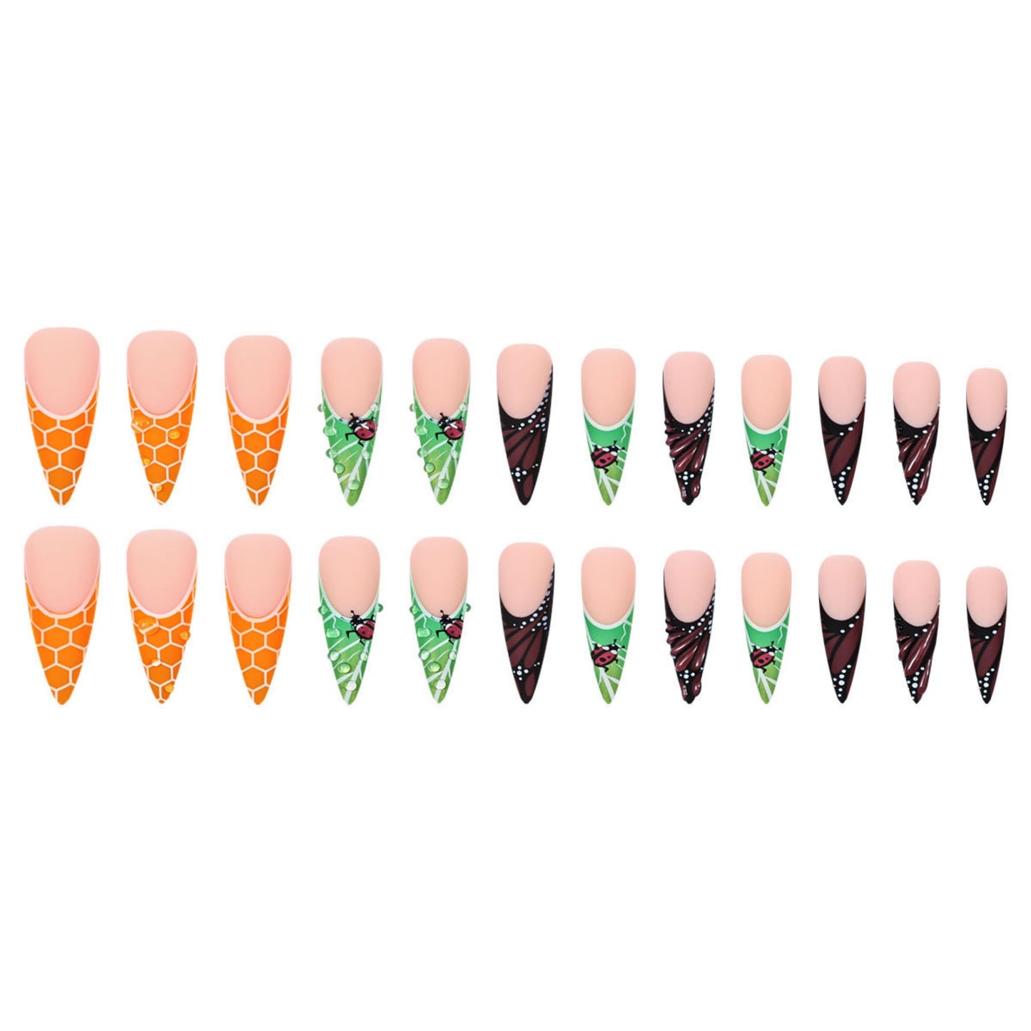 Long Press on Nails Stiletto Fake Nails Green Acrylic Nail Press ons Seeneey Brown Butterfly Designs Stick on Nail for Women 24pcs