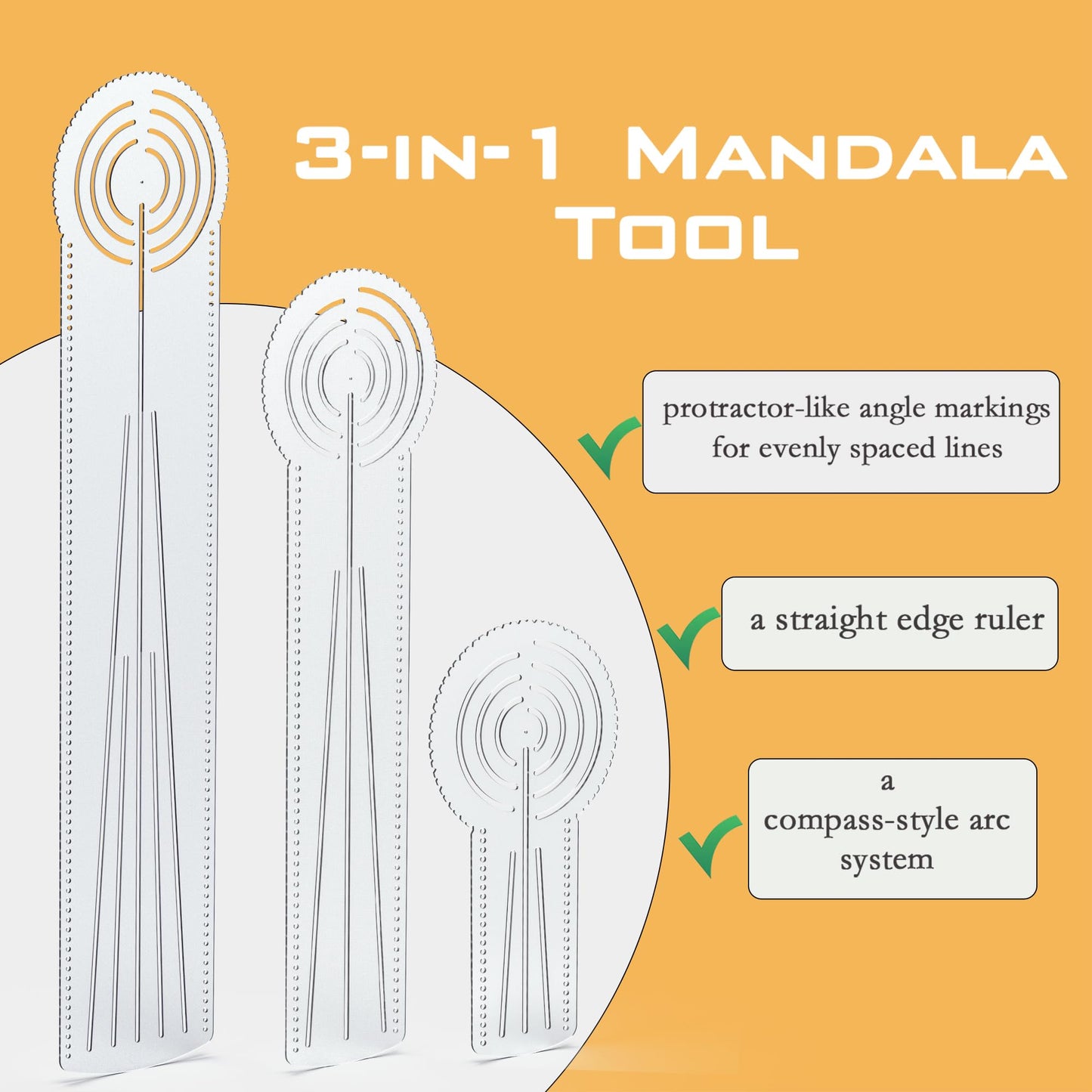 DAFENCHI 3-in-1 Mandala Ruler Tool with Holes, Mandala Dot Art Circle Maker, Compass Protractor Straight Dotting Ruler for Dot Art Geometric Mandala Pattern Design, 3 Sizes