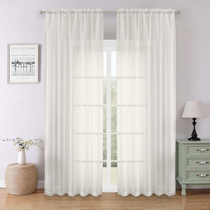 Lecloud Ivory Sheer Curtains 90 Inches Long 2 Panels, Light Filtering Airy Voile Curtain Drapes, Extra Wide Elegant Window Treatments for Living Room Bedroom with Dual Rod Pocket, 59" W x 90" L