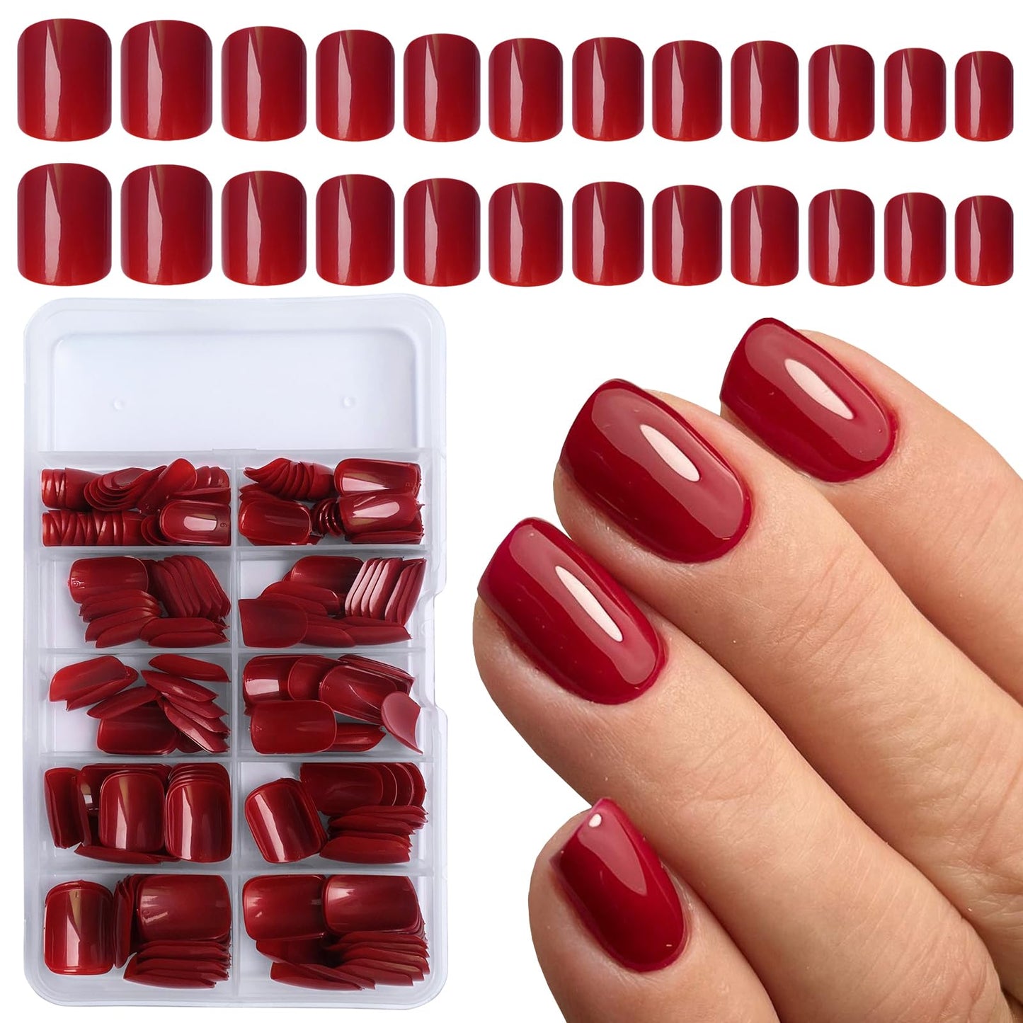 LuckForever Short Press on Nails 240pc Glossy Red Press on Nails Short Square Fake Nails Full Cover Round Fingernails Tips 10 Sheet Nail Glue Adhesive Tabs, Wooden Sticks Files Tools for Women Girls