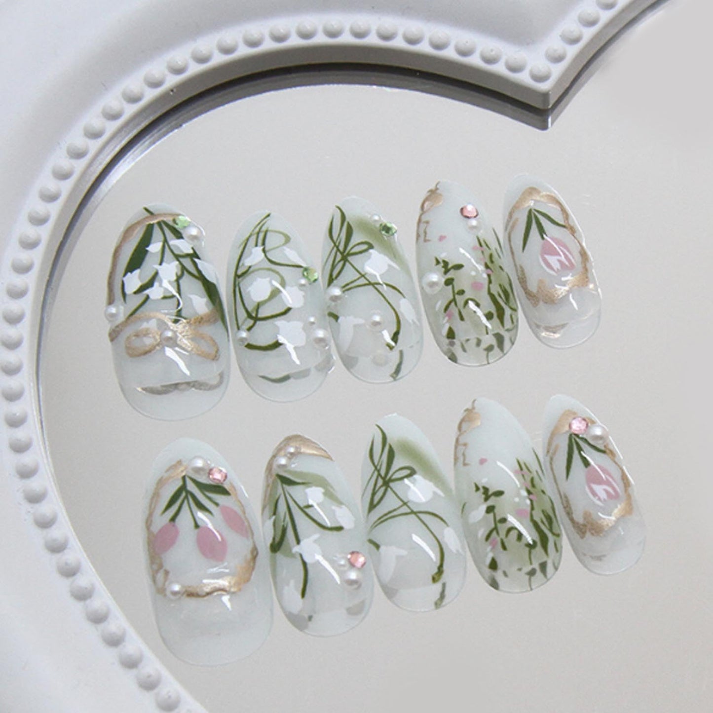 Hkanlre Almond Fake Nude Nails Tips Full Cover False Medium Nails Summer Flower Press on Nails for Women 24PCS
