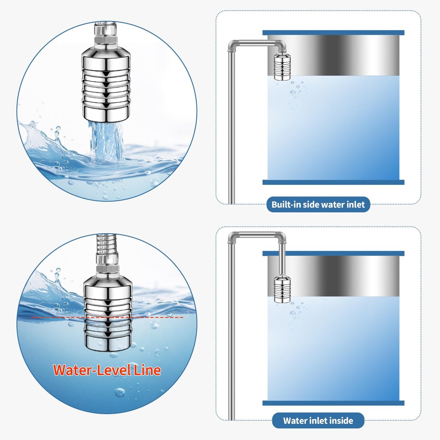 2Pcs Water Float Valve for Water Tank, Aquapulse Automatic Water-Level Control System, 1/2" to 3/4" Stainless Steel Water Shut Off Float Valve for Water Tower, Pool, Livestock Troughs