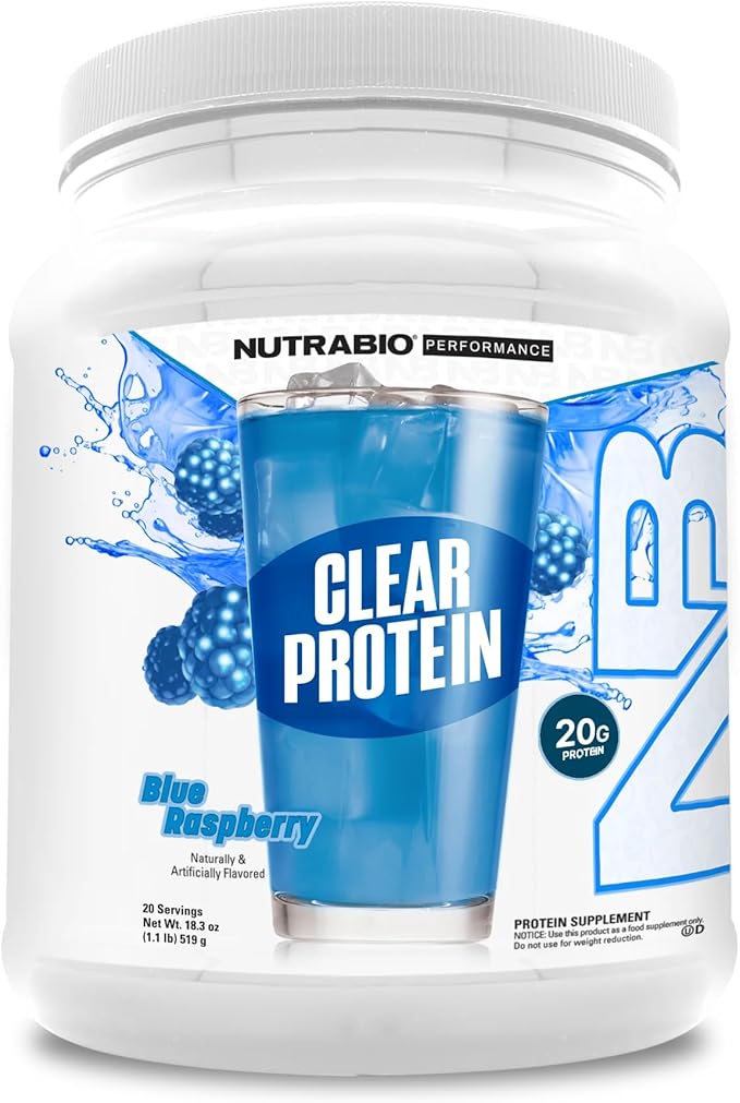 NutraBio Clear Protein Powder, Delicious & Refreshing Fruit Flavors, Protein Juice, No Milky Taste, No Foam, Zero Sugar, Blue Raspberry, 20 Servings