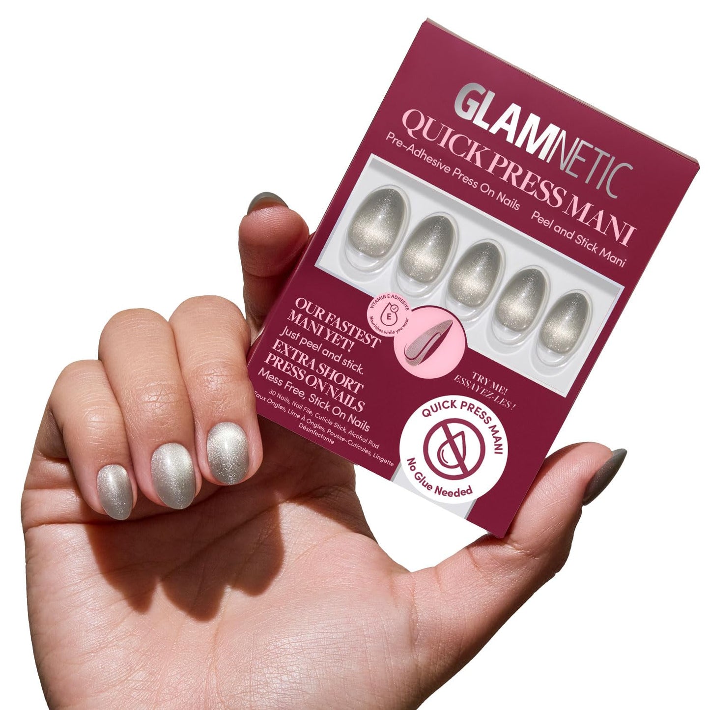 Glamnetic Quick Press Mani Bundle - No Glue Press On Nails, Just Peel and Stick | Sparkly Moss & Light Beam | Mess Free Salon Quality Stick On Nails | Oval & Almond Extra Short Nails