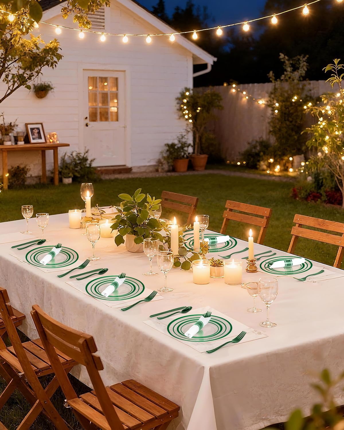 Goodluck 175 Piece Green Plastic Plates, Clear Plastic Silverware Disposable Plates Set, Include 50Plates, 25Pack Pre Rolled Napkins with Silverware, 25Cups for Party, Wedding, Graduation